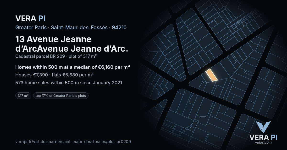 13 Avenue Jeanne d’ArcAvenue Jeanne d’Arc, Saint-Maur-des-Fossés at night – the plot lit, the parcels around coloured by the prices near them