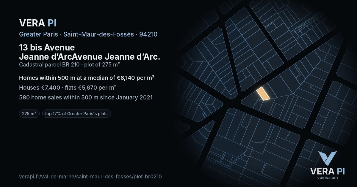 13 bis Avenue Jeanne d’ArcAvenue Jeanne d’Arc, Saint-Maur-des-Fossés at night – the plot lit, the parcels around coloured by the prices near them