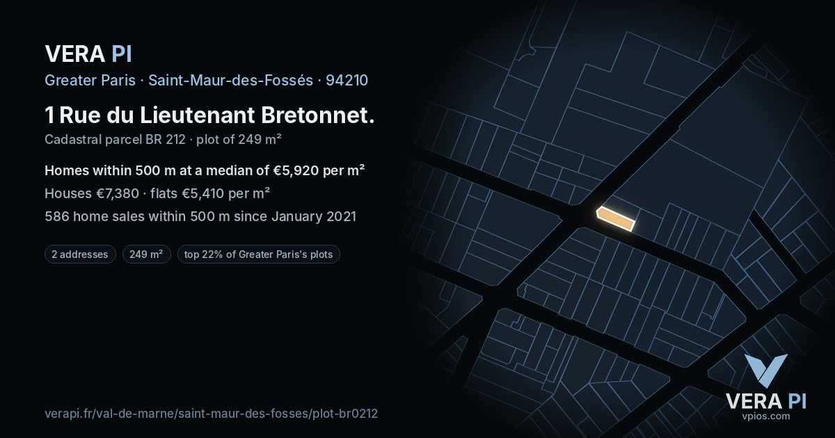 1 Rue du Lieutenant Bretonnet, Saint-Maur-des-Fossés at night – the plot lit, the parcels around coloured by the prices near them