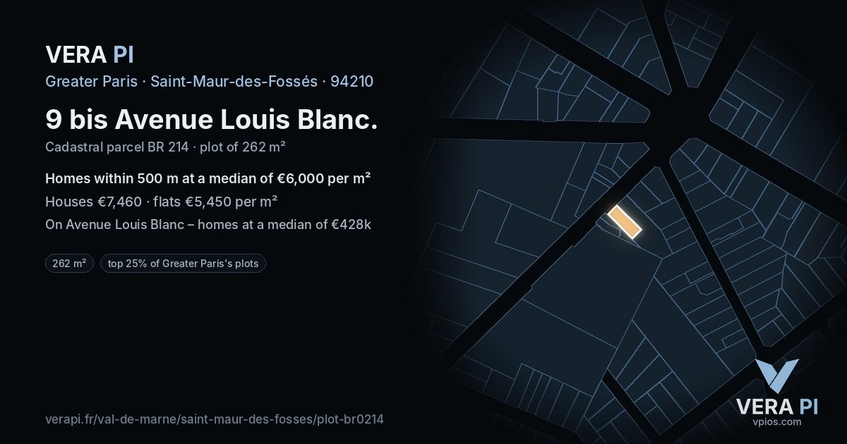 9 bis Avenue Louis Blanc, Saint-Maur-des-Fossés at night – the plot lit, the parcels around coloured by the prices near them