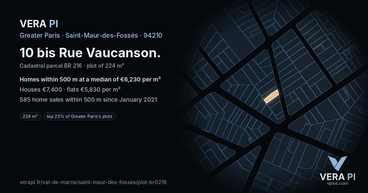 10 bis Rue Vaucanson, Saint-Maur-des-Fossés at night – the plot lit, the parcels around coloured by the prices near them