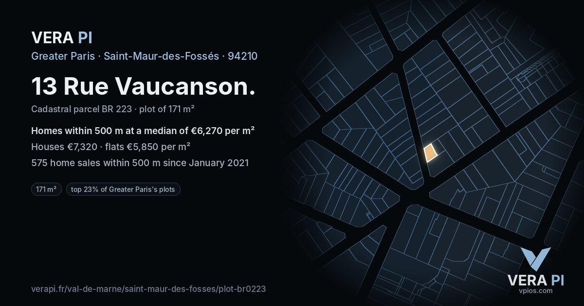 13 Rue Vaucanson, Saint-Maur-des-Fossés at night – the plot lit, the parcels around coloured by the prices near them