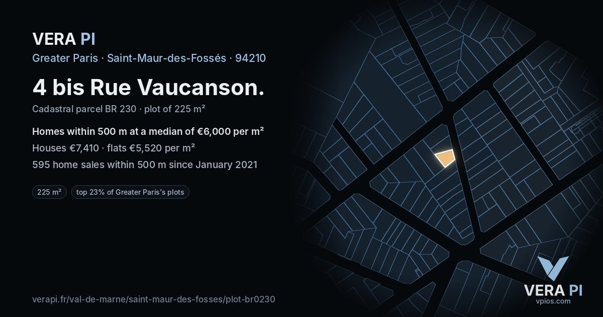 4 bis Rue Vaucanson, Saint-Maur-des-Fossés at night – the plot lit, the parcels around coloured by the prices near them