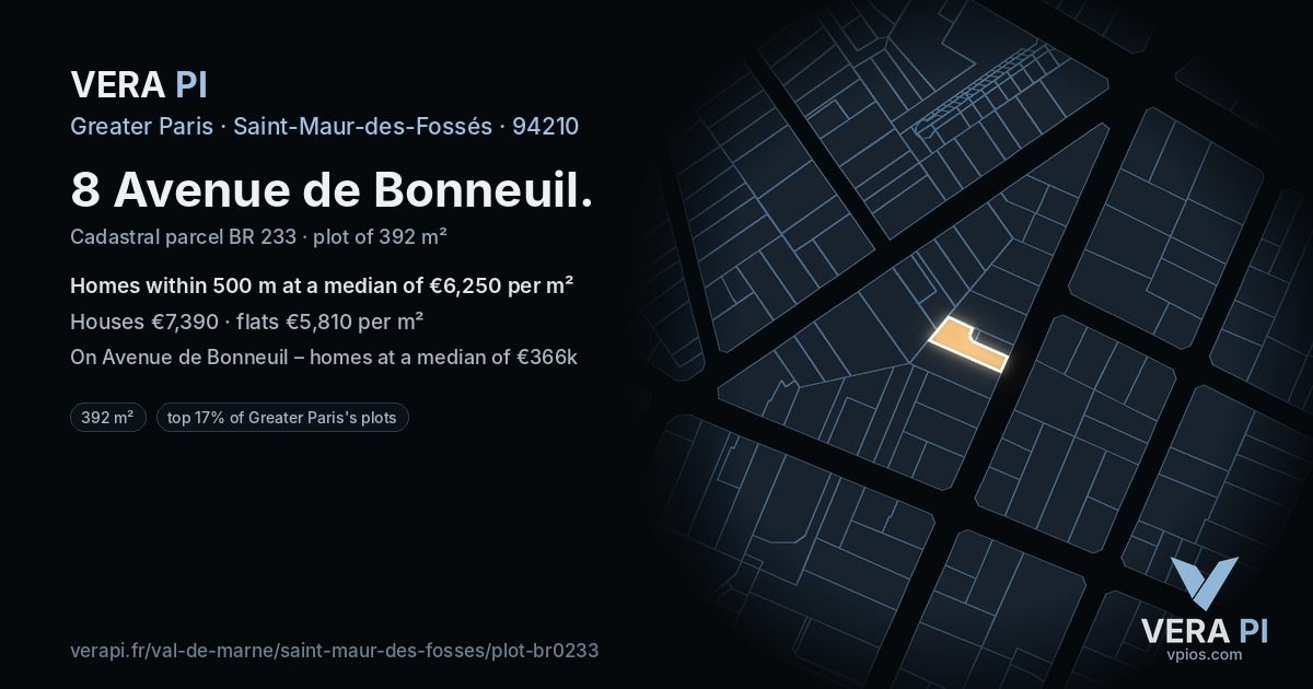 8 Avenue de Bonneuil, Saint-Maur-des-Fossés at night – the plot lit, the parcels around coloured by the prices near them