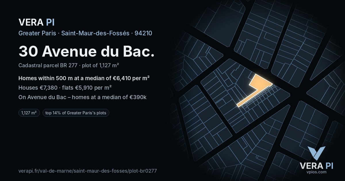 30 Avenue du Bac, Saint-Maur-des-Fossés at night – the plot lit, the parcels around coloured by the prices near them