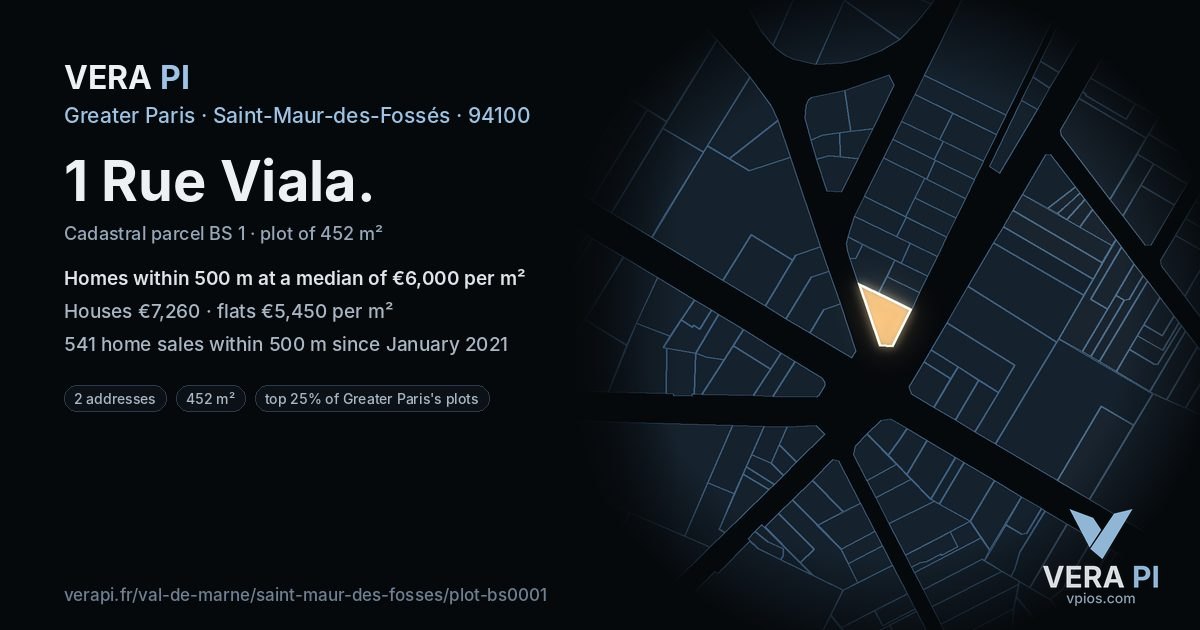 1 Rue Viala, Saint-Maur-des-Fossés at night – the plot lit, the parcels around coloured by the prices near them