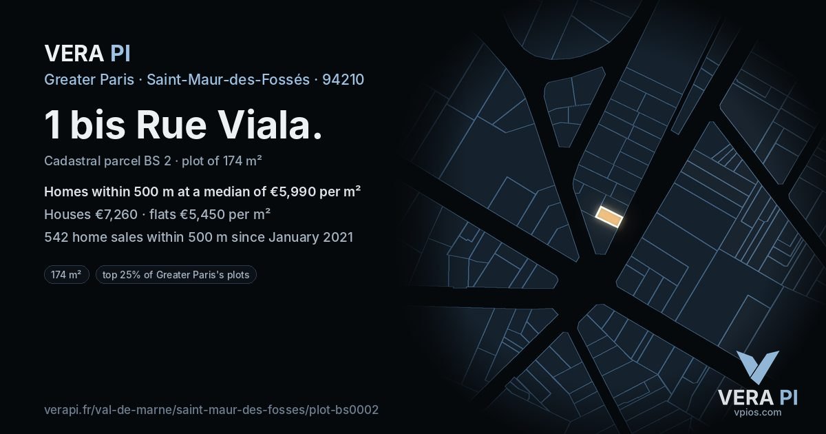 1 bis Rue Viala, Saint-Maur-des-Fossés at night – the plot lit, the parcels around coloured by the prices near them