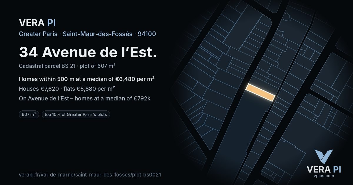 34 Avenue de l’Est, Saint-Maur-des-Fossés at night – the plot lit, the parcels around coloured by the prices near them