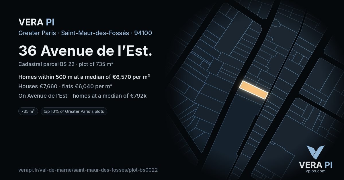 36 Avenue de l’Est, Saint-Maur-des-Fossés at night – the plot lit, the parcels around coloured by the prices near them