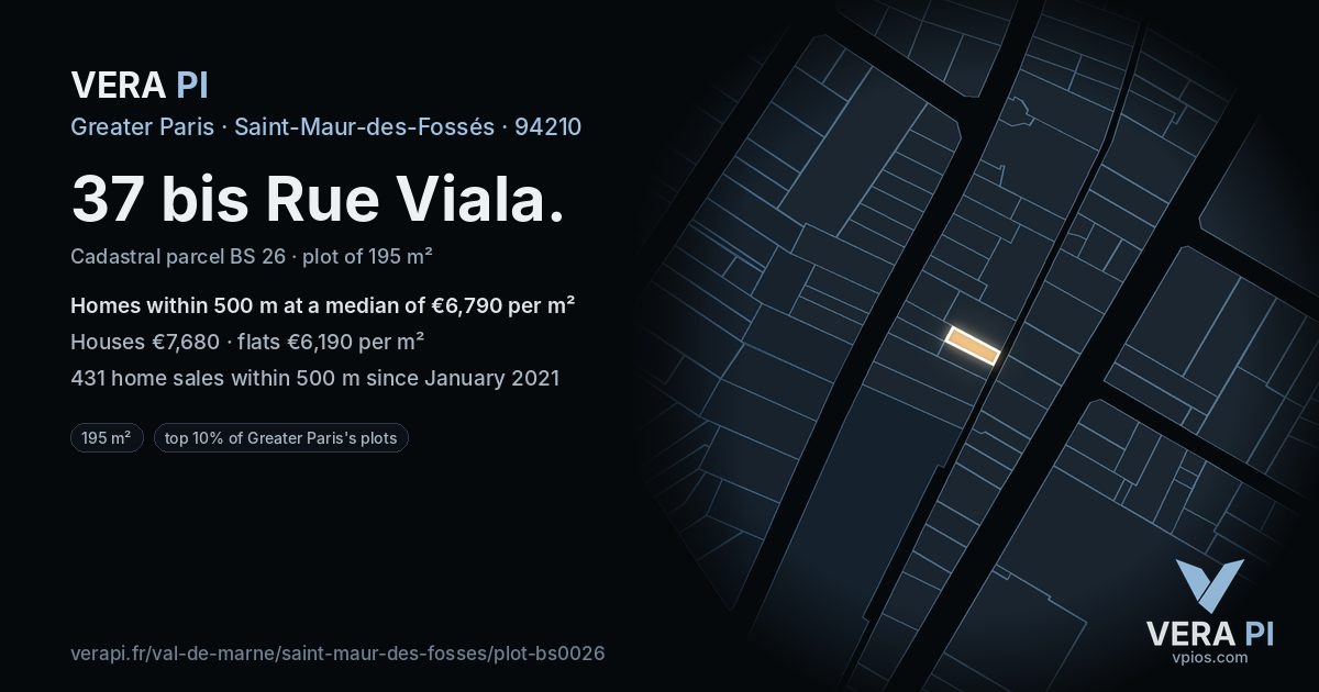 37 bis Rue Viala, Saint-Maur-des-Fossés at night – the plot lit, the parcels around coloured by the prices near them