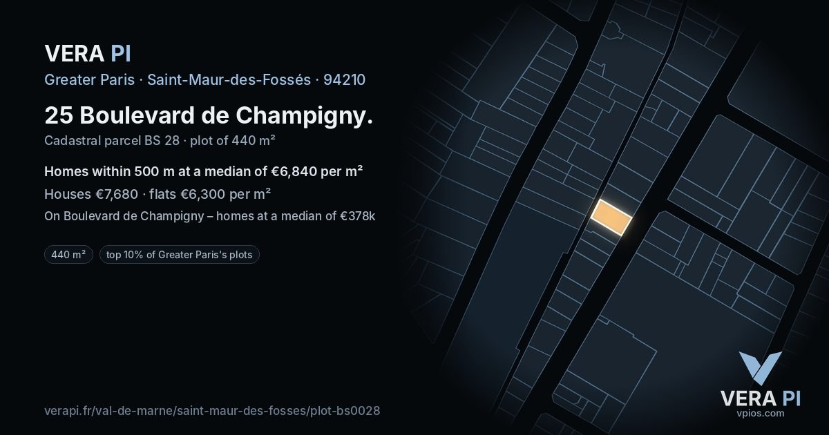 25 Boulevard de Champigny, Saint-Maur-des-Fossés at night – the plot lit, the parcels around coloured by the prices near them