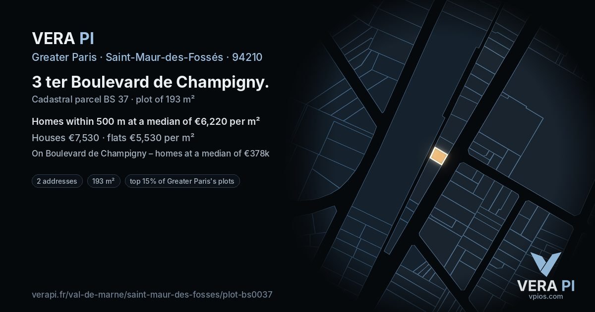 3 ter Boulevard de Champigny, Saint-Maur-des-Fossés at night – the plot lit, the parcels around coloured by the prices near them