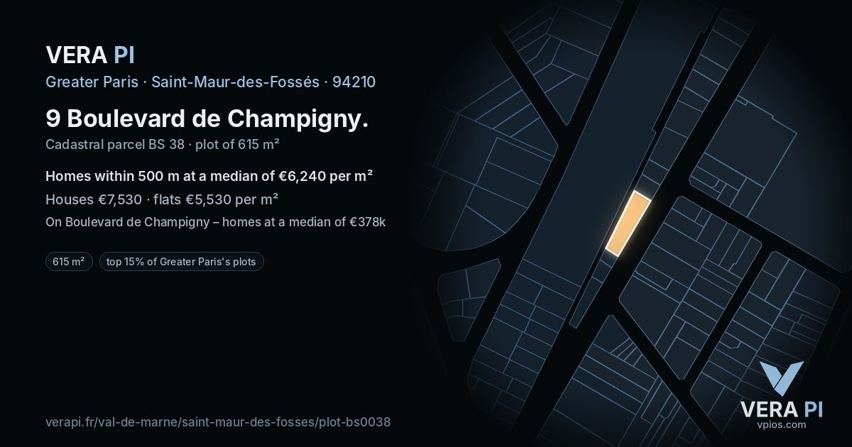 9 Boulevard de Champigny, Saint-Maur-des-Fossés at night – the plot lit, the parcels around coloured by the prices near them