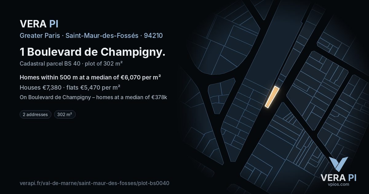 1 Boulevard de Champigny, Saint-Maur-des-Fossés at night – the plot lit, the parcels around coloured by the prices near them