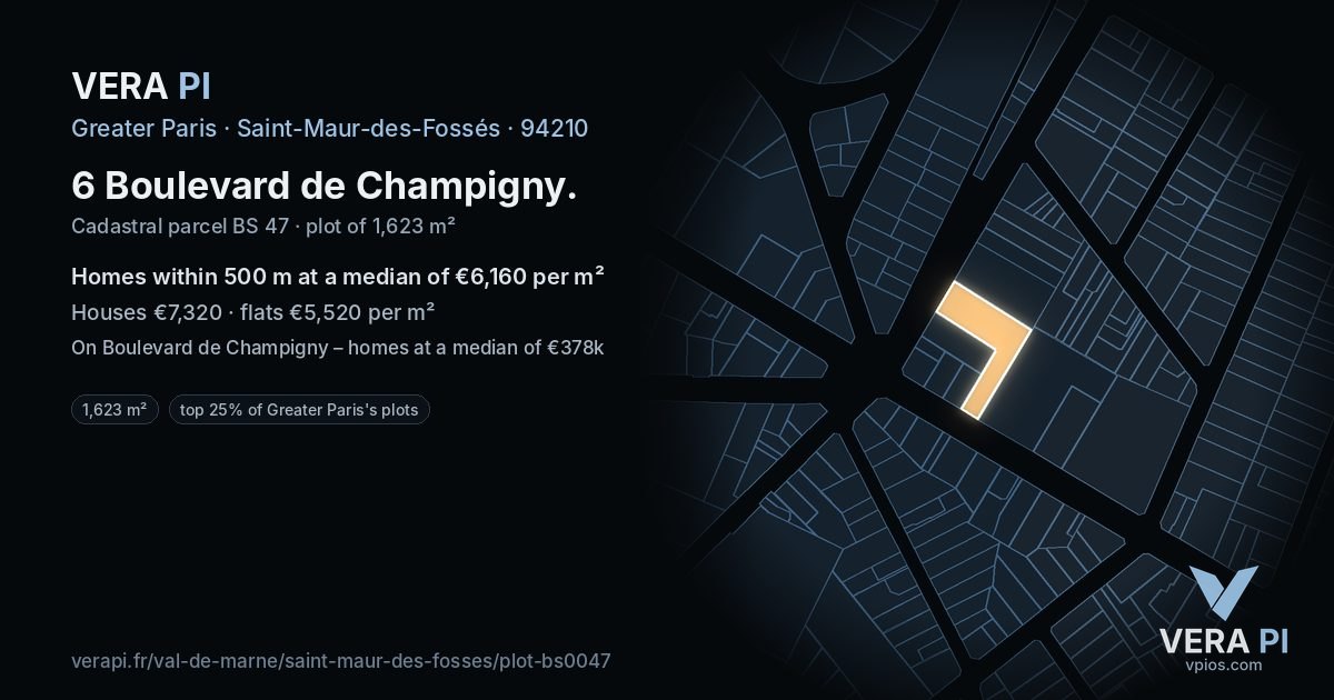 6 Boulevard de Champigny, Saint-Maur-des-Fossés at night – the plot lit, the parcels around coloured by the prices near them