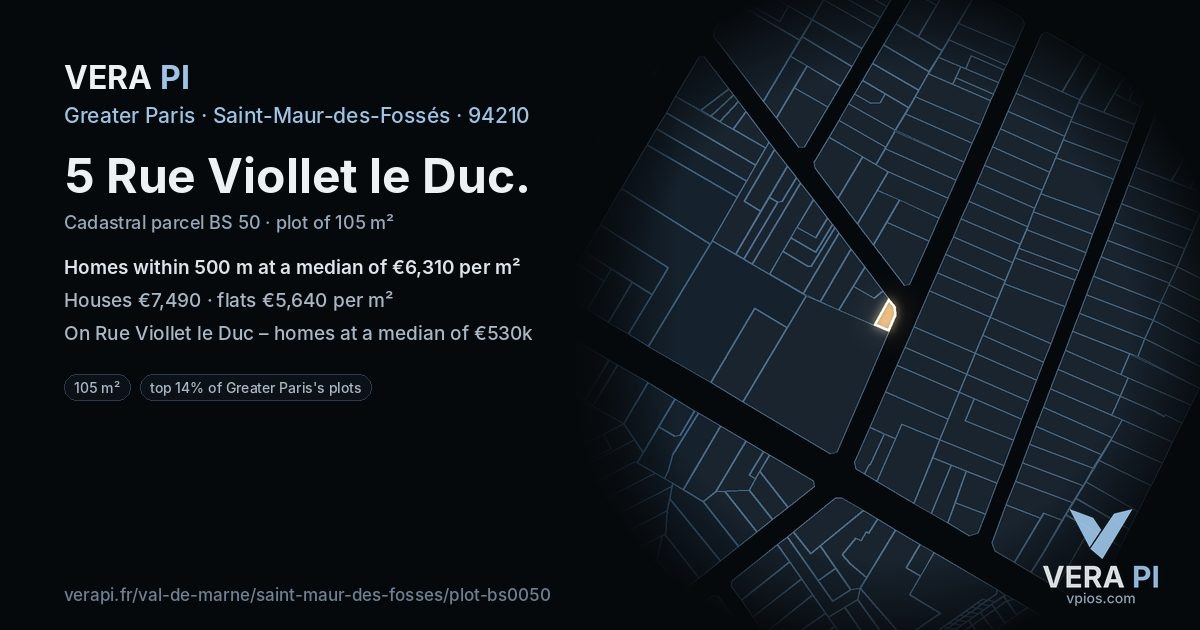 5 Rue Viollet le Duc, Saint-Maur-des-Fossés at night – the plot lit, the parcels around coloured by the prices near them