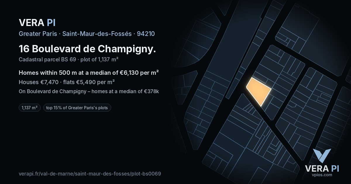 16 Boulevard de Champigny, Saint-Maur-des-Fossés at night – the plot lit, the parcels around coloured by the prices near them