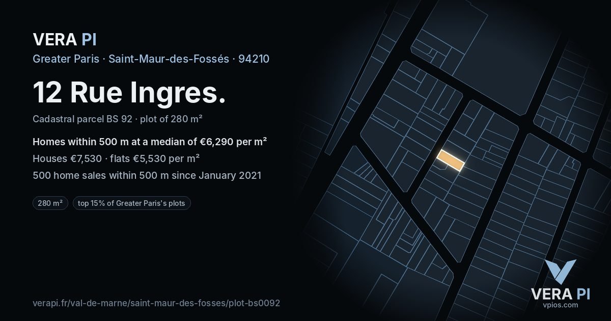 12 Rue Ingres, Saint-Maur-des-Fossés at night – the plot lit, the parcels around coloured by the prices near them