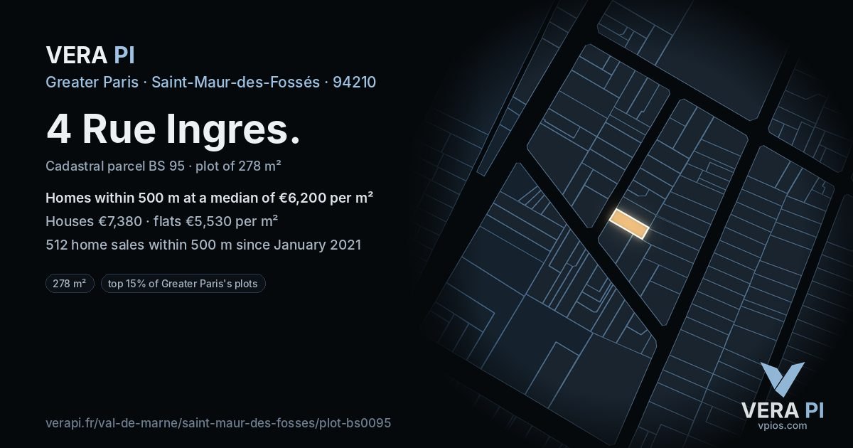 4 Rue Ingres, Saint-Maur-des-Fossés at night – the plot lit, the parcels around coloured by the prices near them