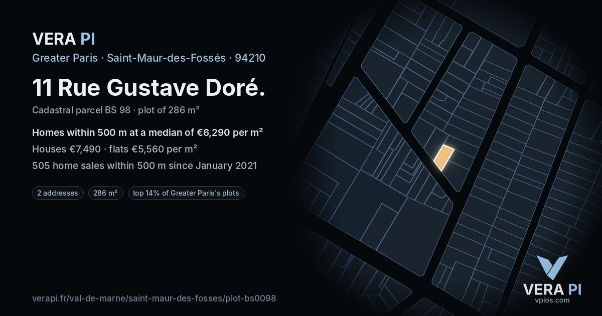 11 Rue Gustave Doré, Saint-Maur-des-Fossés at night – the plot lit, the parcels around coloured by the prices near them