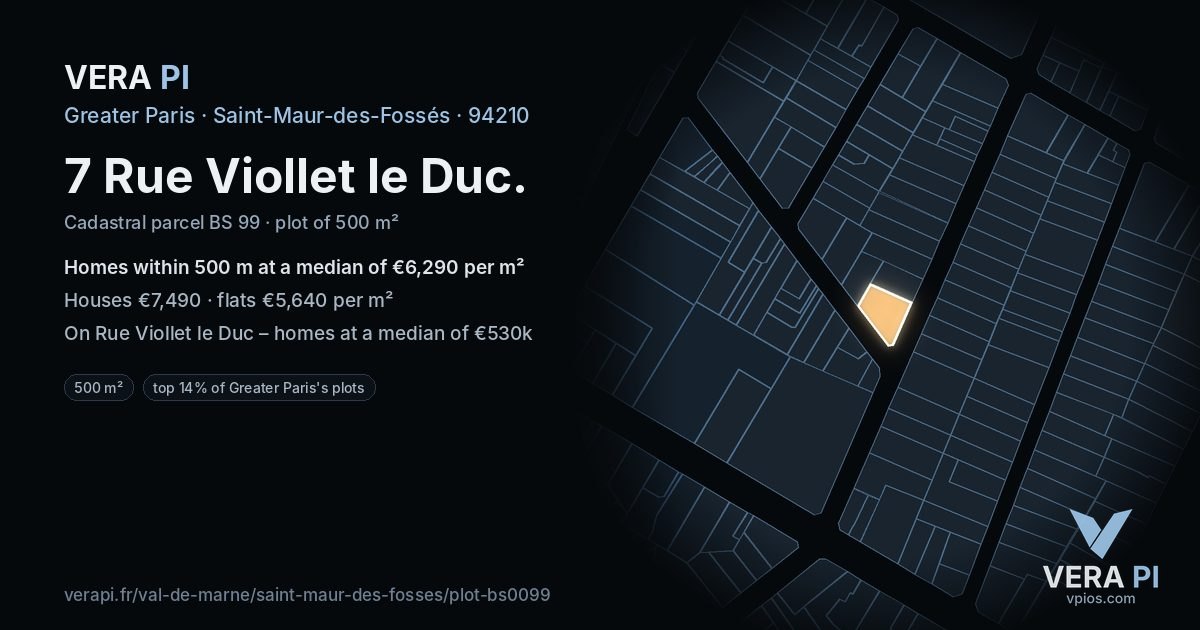 7 Rue Viollet le Duc, Saint-Maur-des-Fossés at night – the plot lit, the parcels around coloured by the prices near them
