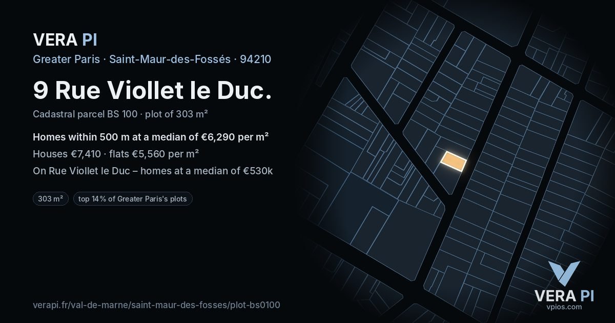 9 Rue Viollet le Duc, Saint-Maur-des-Fossés at night – the plot lit, the parcels around coloured by the prices near them