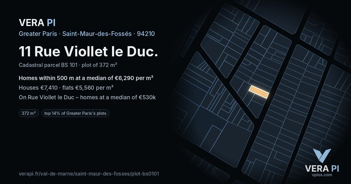 11 Rue Viollet le Duc, Saint-Maur-des-Fossés at night – the plot lit, the parcels around coloured by the prices near them