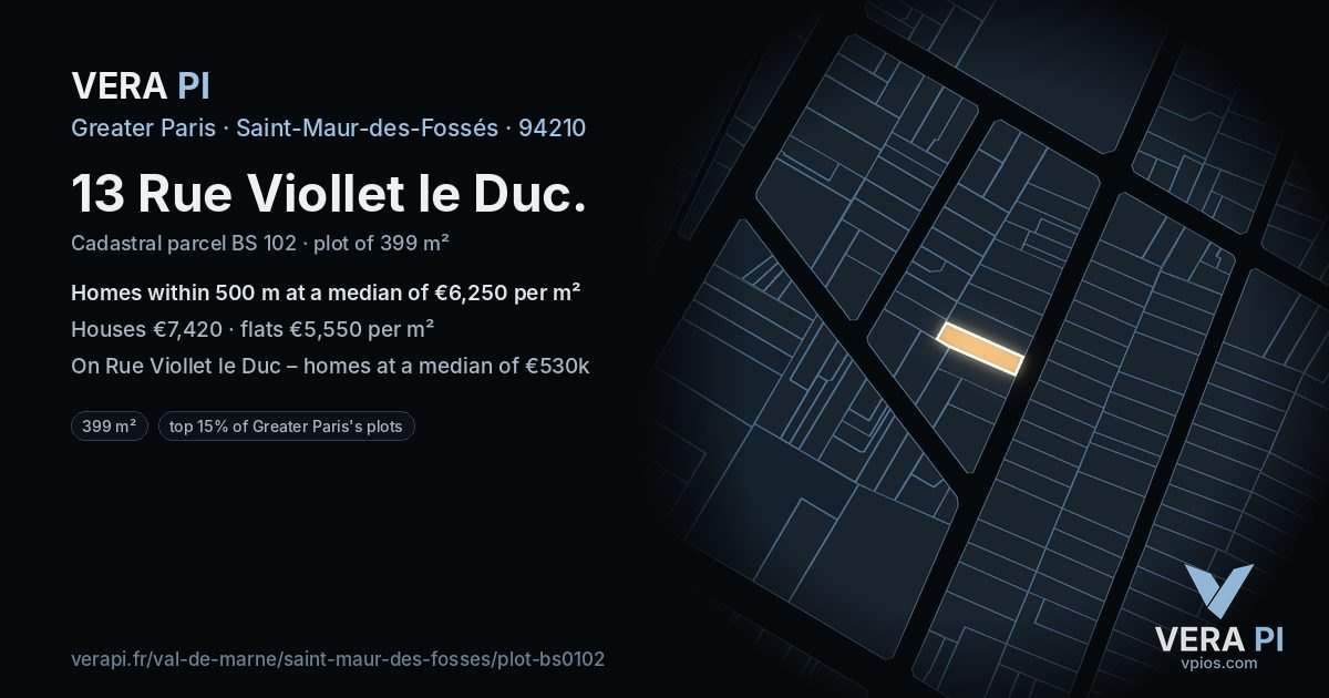 13 Rue Viollet le Duc, Saint-Maur-des-Fossés at night – the plot lit, the parcels around coloured by the prices near them