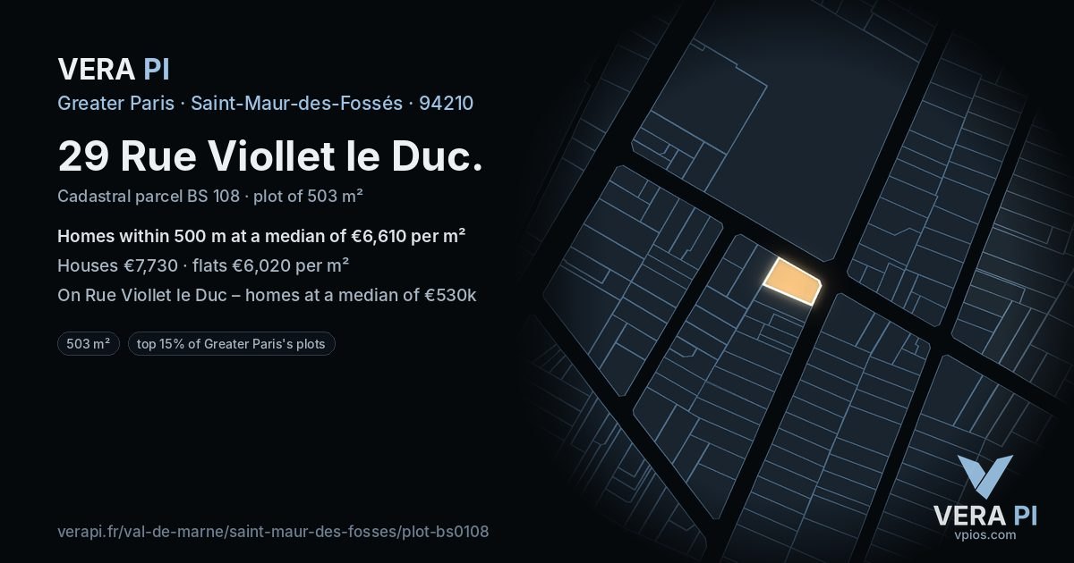 29 Rue Viollet le Duc, Saint-Maur-des-Fossés at night – the plot lit, the parcels around coloured by the prices near them