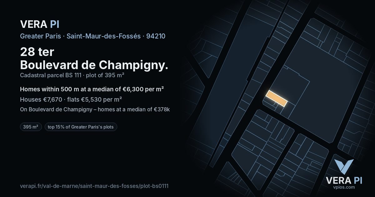 28 ter Boulevard de Champigny, Saint-Maur-des-Fossés at night – the plot lit, the parcels around coloured by the prices near them
