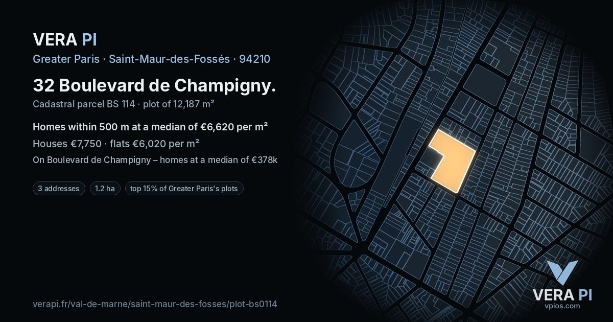 32 Boulevard de Champigny, Saint-Maur-des-Fossés at night – the plot lit, the parcels around coloured by the prices near them