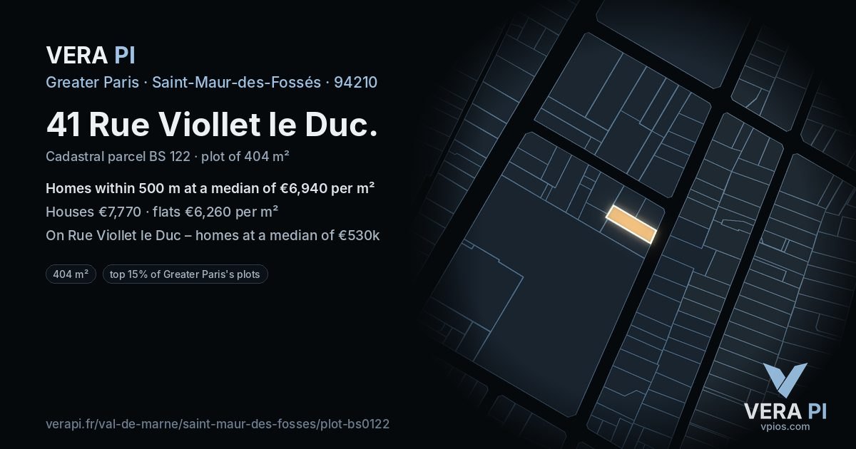 41 Rue Viollet le Duc, Saint-Maur-des-Fossés at night – the plot lit, the parcels around coloured by the prices near them
