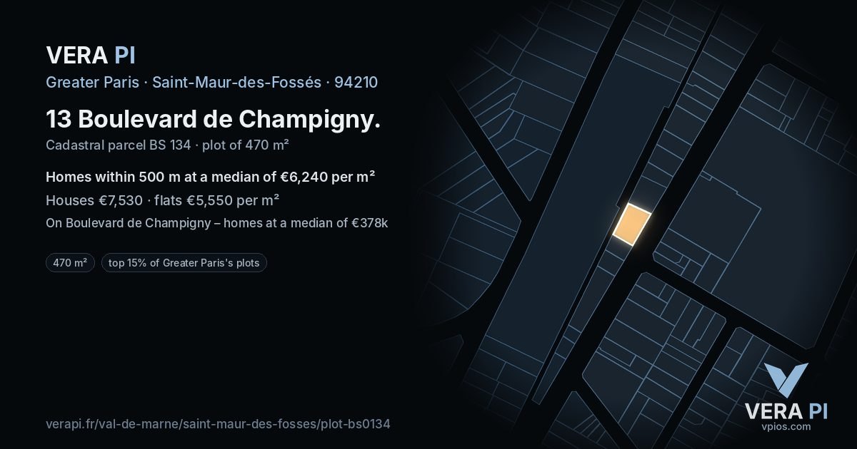 13 Boulevard de Champigny, Saint-Maur-des-Fossés at night – the plot lit, the parcels around coloured by the prices near them