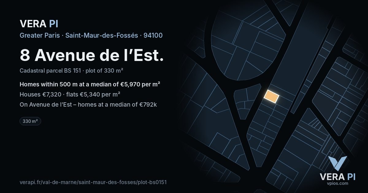 8 Avenue de l’Est, Saint-Maur-des-Fossés at night – the plot lit, the parcels around coloured by the prices near them