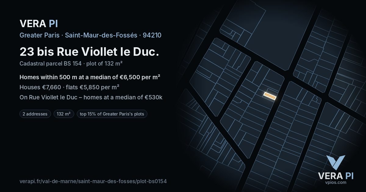 23 bis Rue Viollet le Duc, Saint-Maur-des-Fossés at night – the plot lit, the parcels around coloured by the prices near them