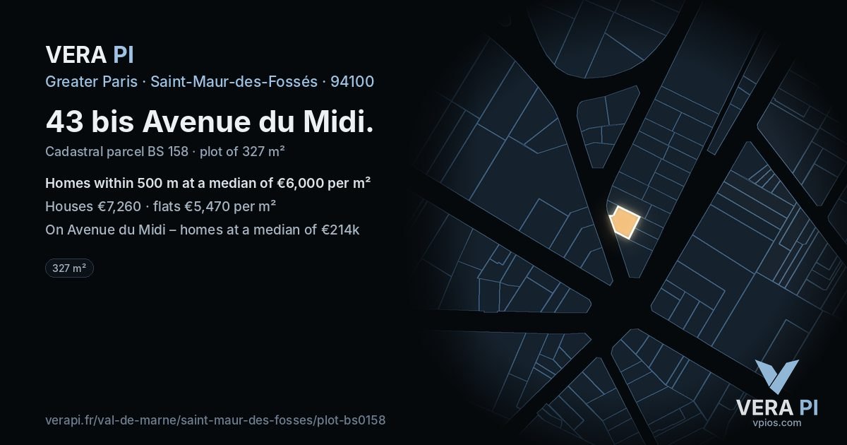 43 bis Avenue du Midi, Saint-Maur-des-Fossés at night – the plot lit, the parcels around coloured by the prices near them