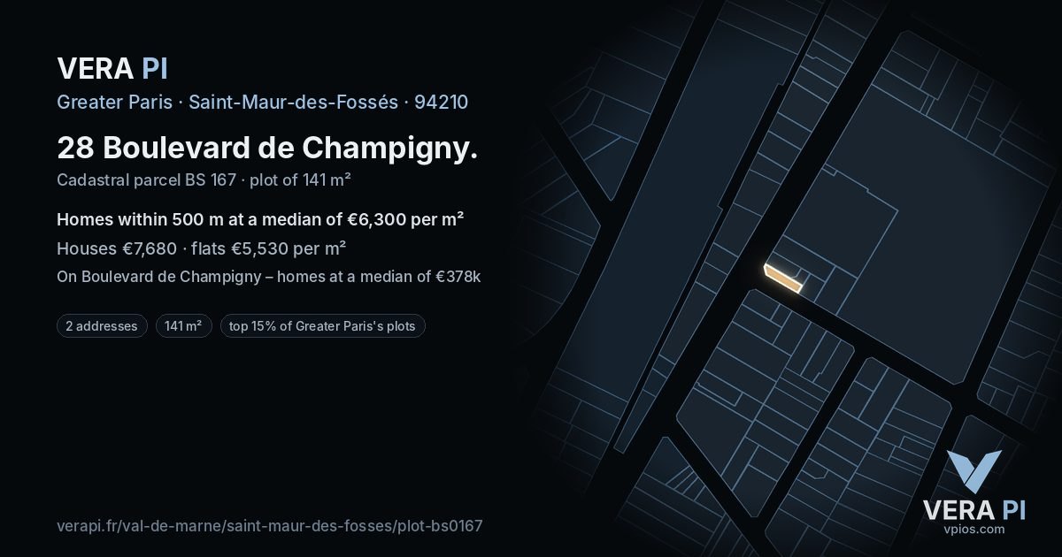 28 Boulevard de Champigny, Saint-Maur-des-Fossés at night – the plot lit, the parcels around coloured by the prices near them