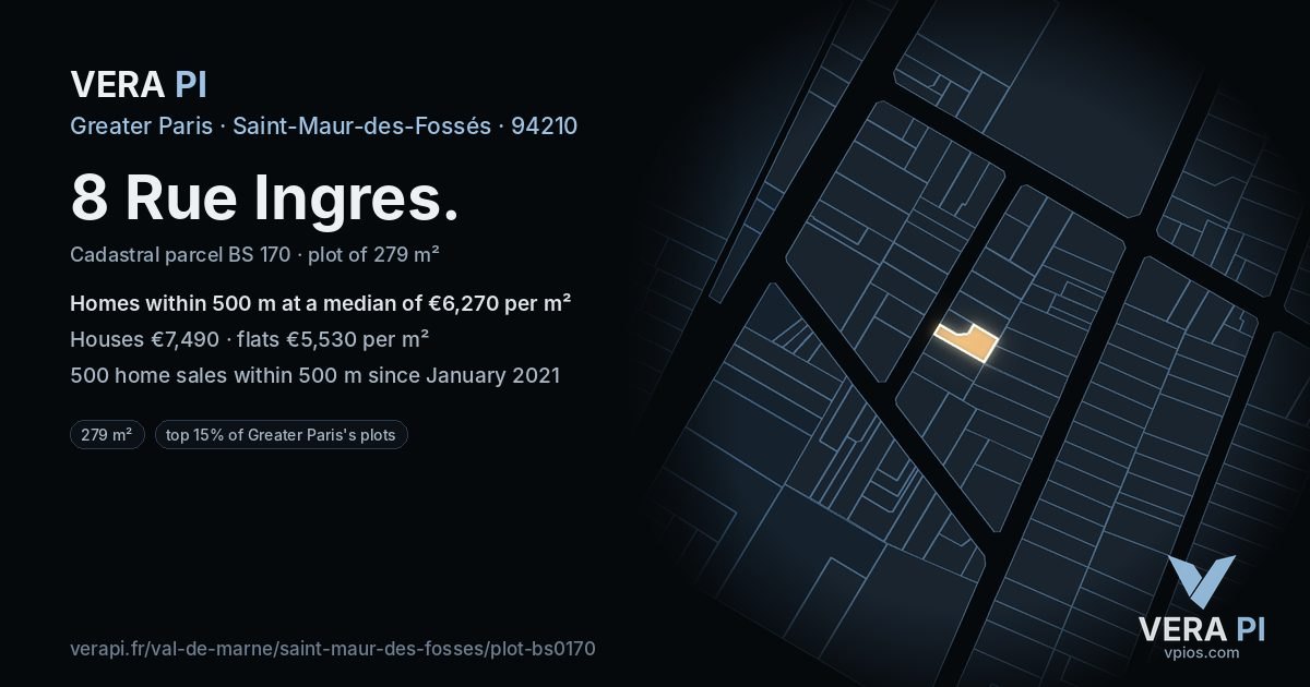 8 Rue Ingres, Saint-Maur-des-Fossés at night – the plot lit, the parcels around coloured by the prices near them