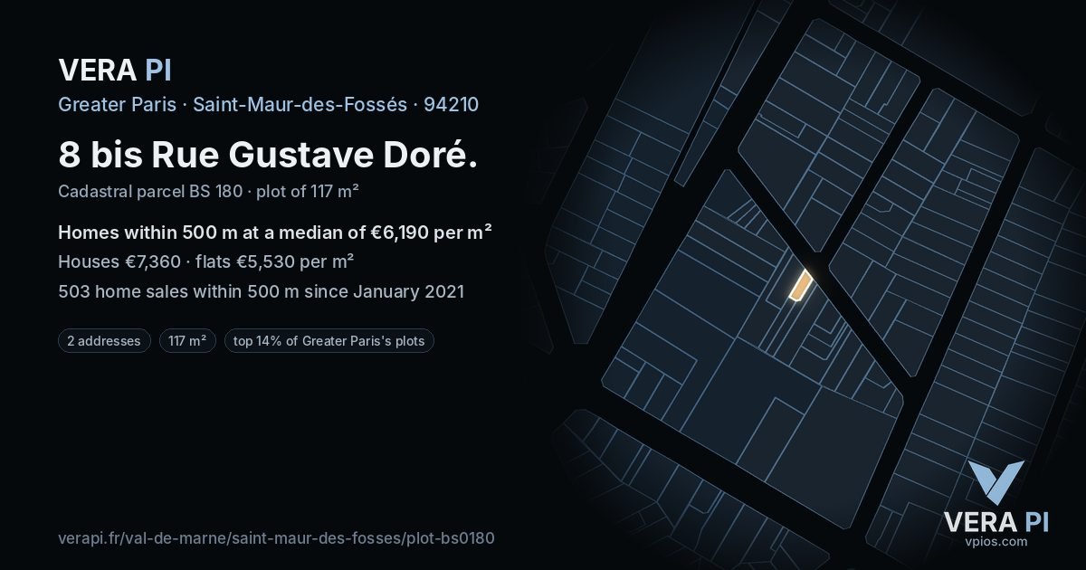 8 bis Rue Gustave Doré, Saint-Maur-des-Fossés at night – the plot lit, the parcels around coloured by the prices near them