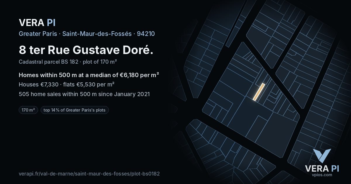 8 ter Rue Gustave Doré, Saint-Maur-des-Fossés at night – the plot lit, the parcels around coloured by the prices near them