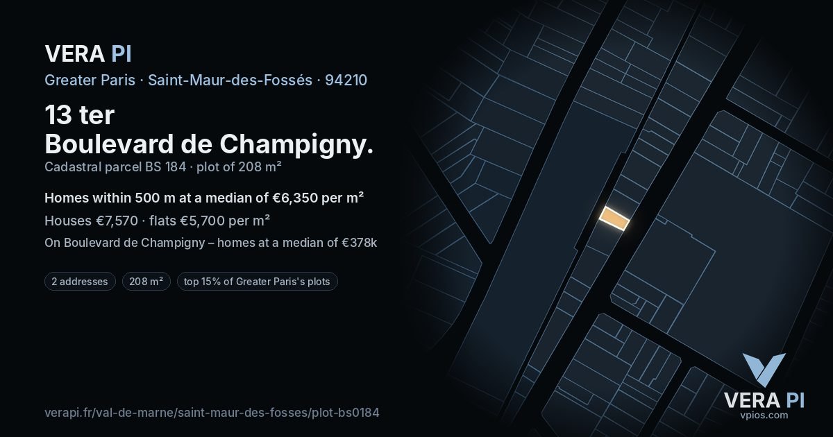 13 ter Boulevard de Champigny, Saint-Maur-des-Fossés at night – the plot lit, the parcels around coloured by the prices near them