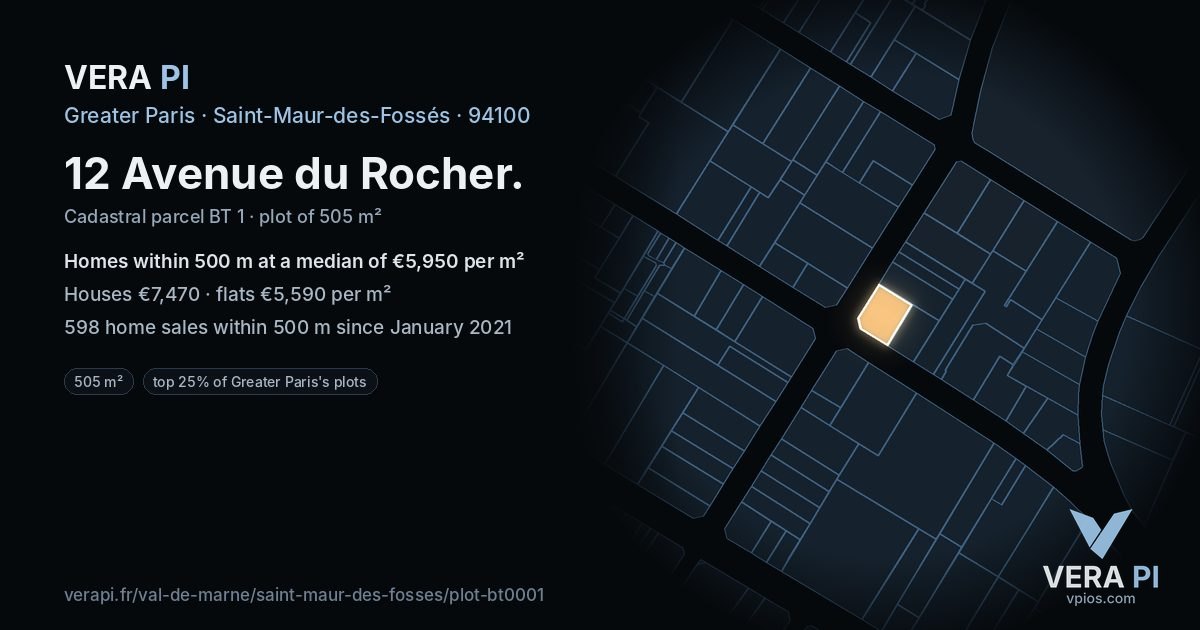12 Avenue du Rocher, Saint-Maur-des-Fossés at night – the plot lit, the parcels around coloured by the prices near them
