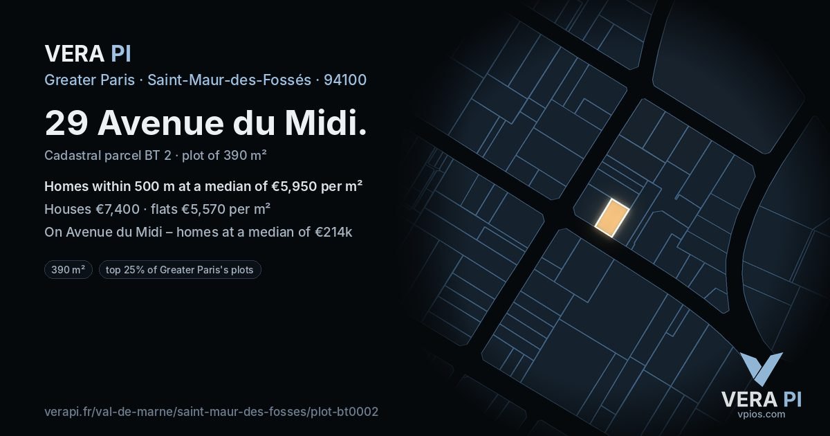 29 Avenue du Midi, Saint-Maur-des-Fossés at night – the plot lit, the parcels around coloured by the prices near them