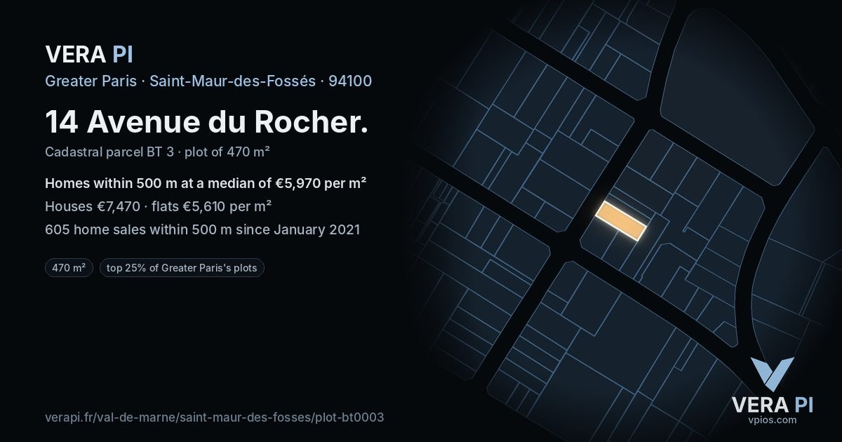 14 Avenue du Rocher, Saint-Maur-des-Fossés at night – the plot lit, the parcels around coloured by the prices near them
