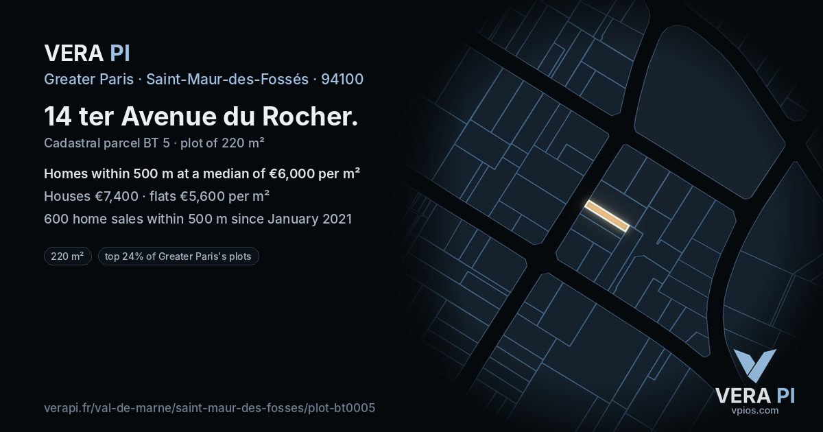 14 ter Avenue du Rocher, Saint-Maur-des-Fossés at night – the plot lit, the parcels around coloured by the prices near them