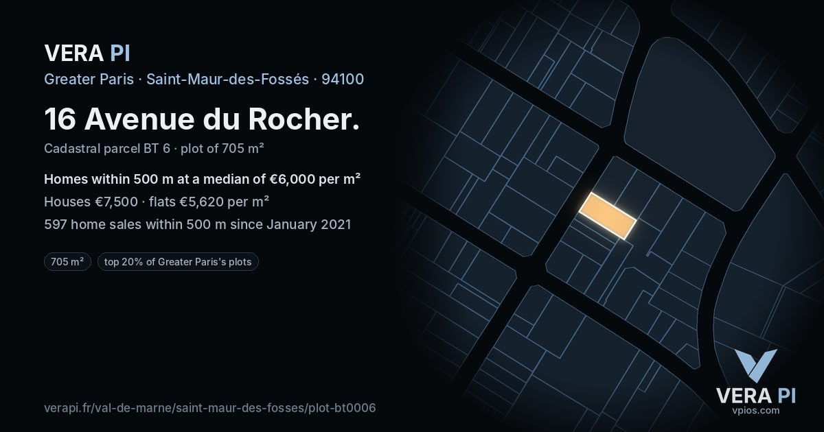 16 Avenue du Rocher, Saint-Maur-des-Fossés at night – the plot lit, the parcels around coloured by the prices near them
