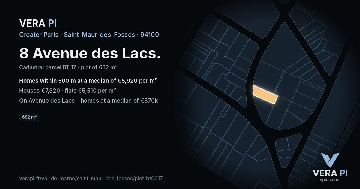 8 Avenue des Lacs, Saint-Maur-des-Fossés at night – the plot lit, the parcels around coloured by the prices near them