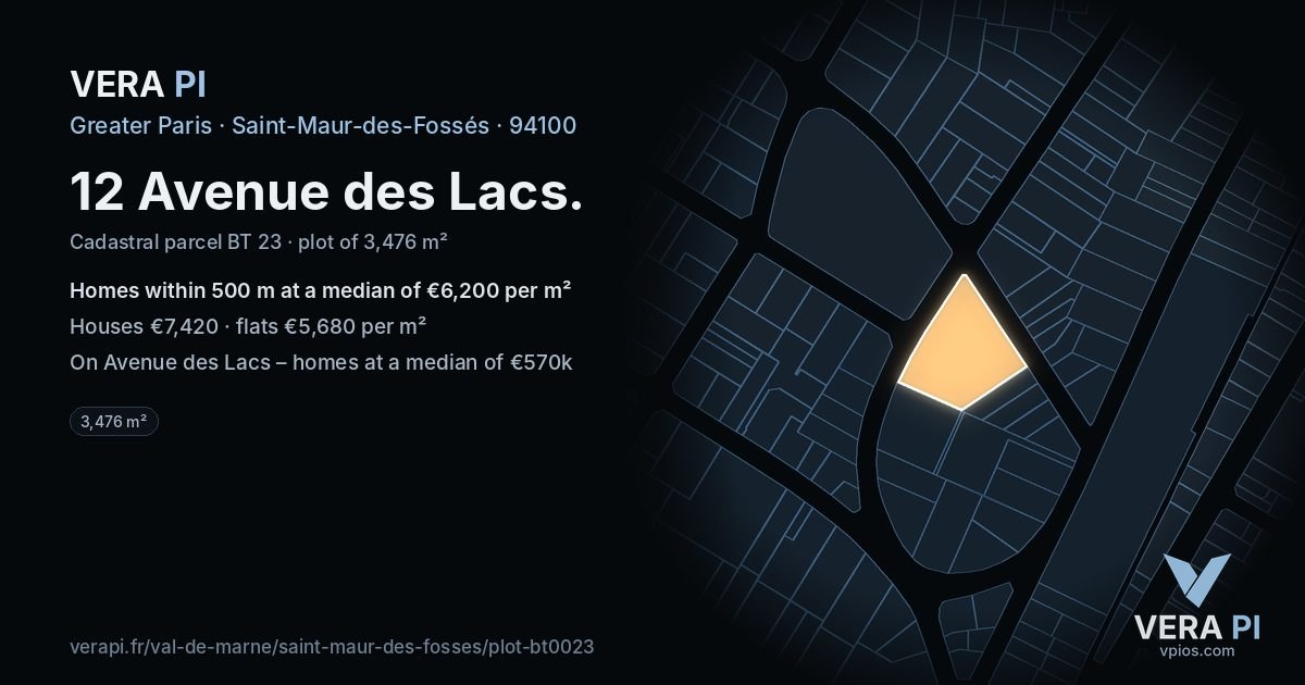 12 Avenue des Lacs, Saint-Maur-des-Fossés at night – the plot lit, the parcels around coloured by the prices near them