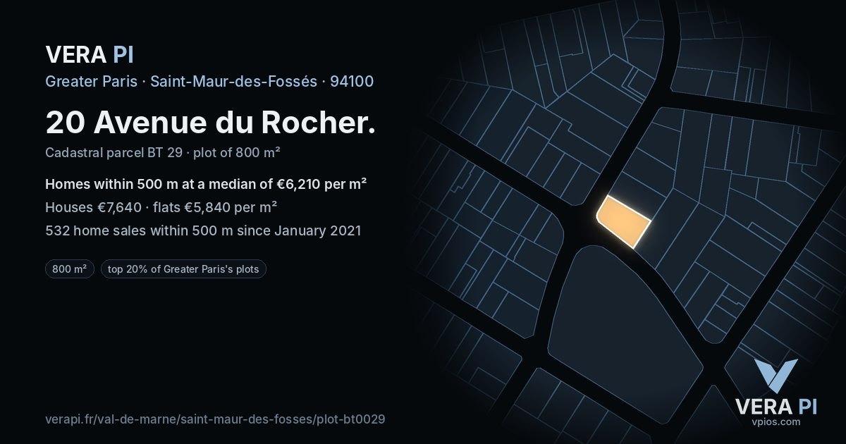 20 Avenue du Rocher, Saint-Maur-des-Fossés at night – the plot lit, the parcels around coloured by the prices near them