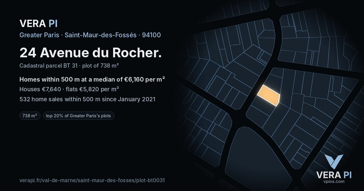 24 Avenue du Rocher, Saint-Maur-des-Fossés at night – the plot lit, the parcels around coloured by the prices near them